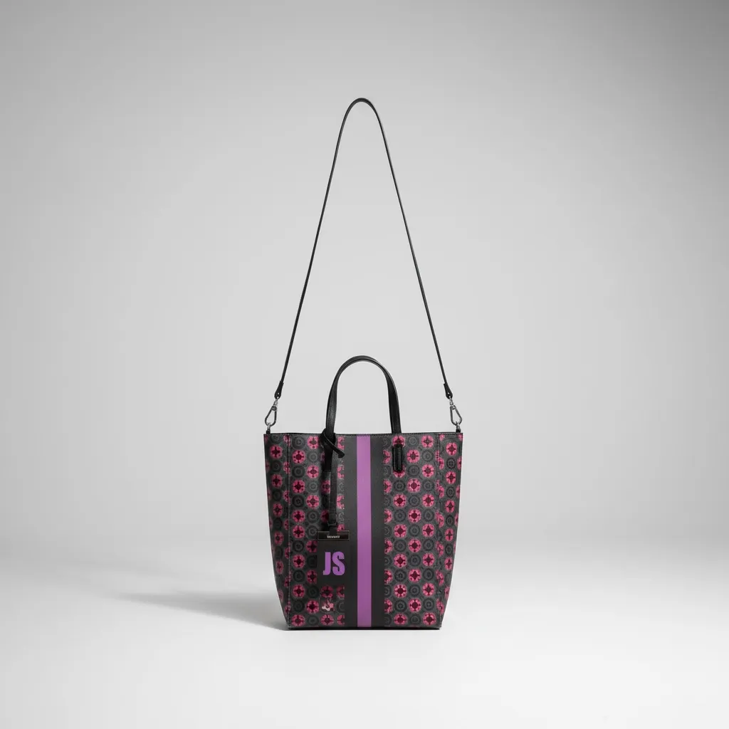 Bolso tote de cuero negro con estampa geométrica en tonos fucsia y gris. Posee detalles en fucsia y las iniciales 'JS' en el frente. 