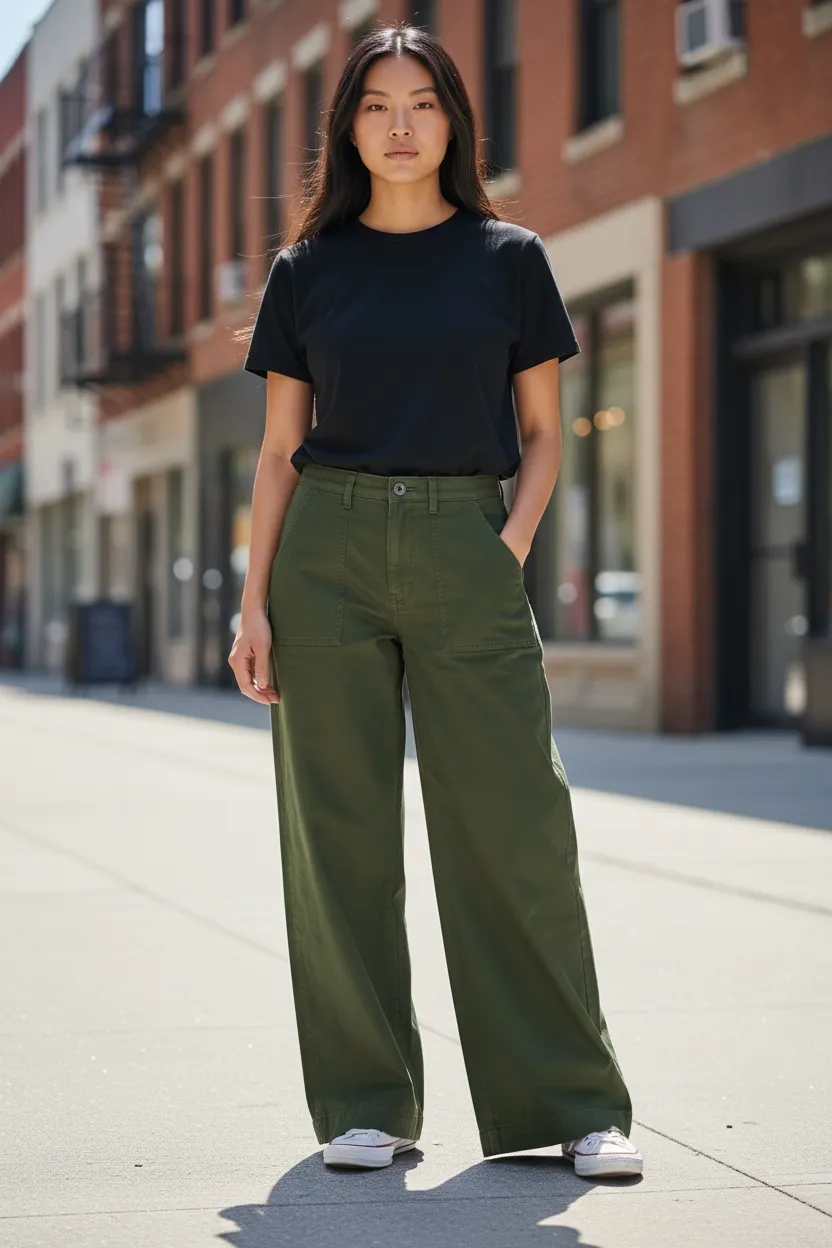 Pantalón ancho de gabardina color verde militar. Tiro alto con bolsillos cargo a los costados. Ideal para un look casual y cómodo.