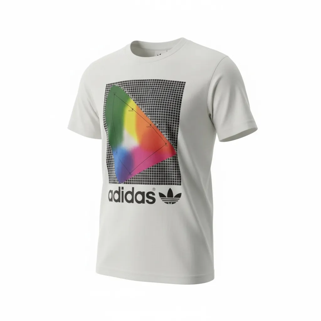 Remera de algodón color blanco tiza con estampa geométrica triangular multicolor y logo de la marca en el frente.