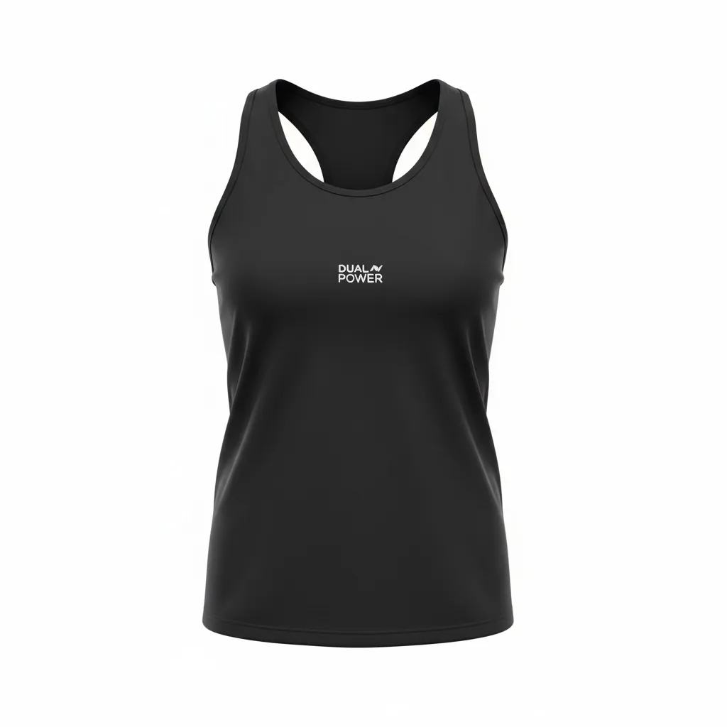 Musculosa deportiva negra con logo blanco "DUAL POWER" en el frente.