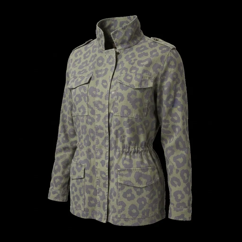 Campera importada con estampado de leopardo en tonos verdes y grises. Posee cuello mao, cuatro bolsillos frontales con solapa y ajuste de cintura con cordón.