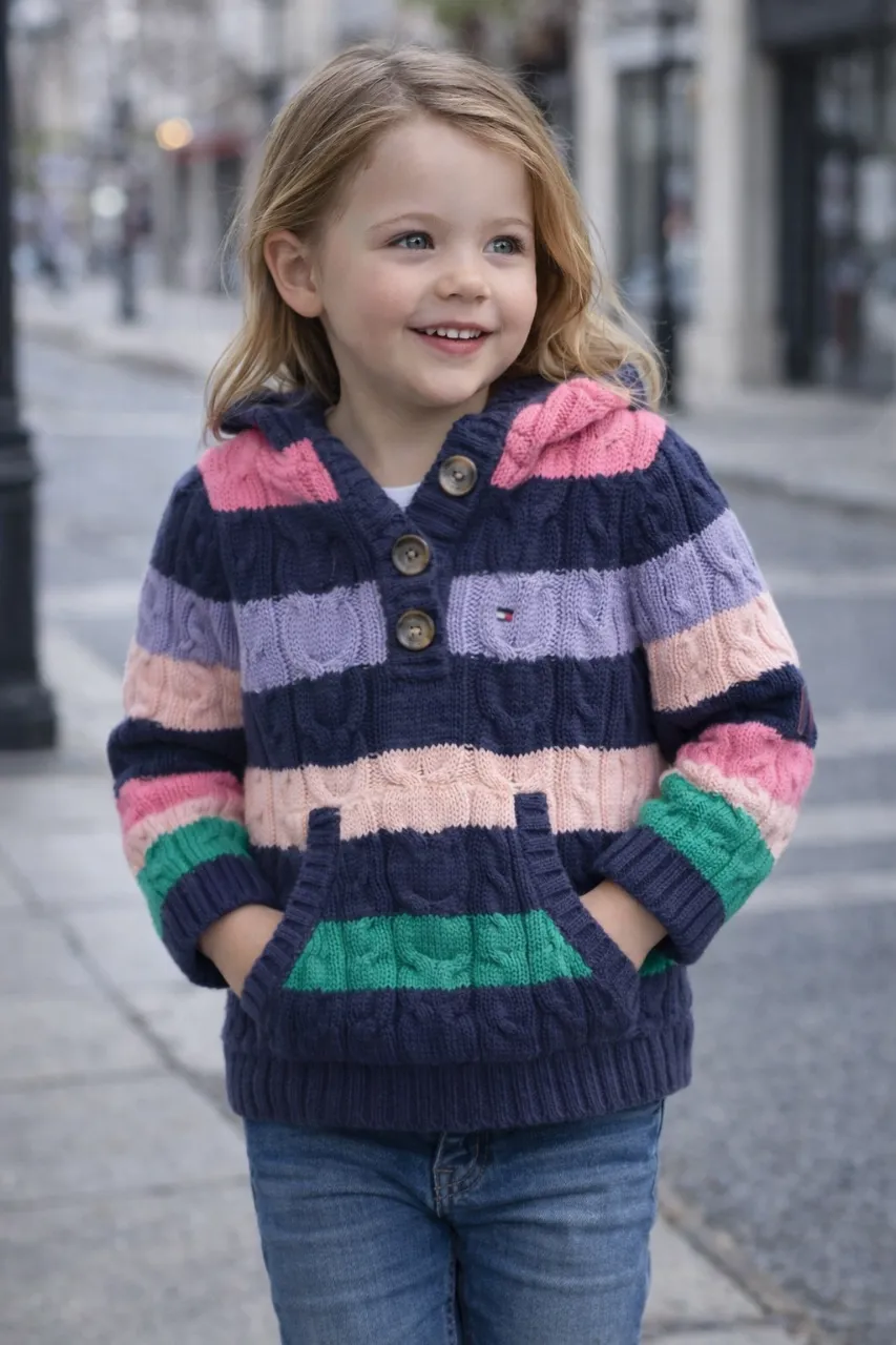 Sweater tejido a rayas multicolor con capucha y bolsillo canguro. Posee botones en la parte superior del cuello.