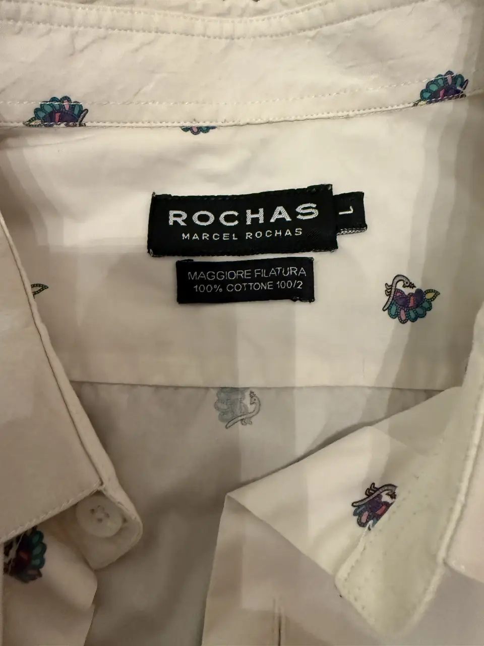 Camisa Rochas Marcel con estampado floral, 100% algodón, talle L, ideal para un look casual y con estilo.