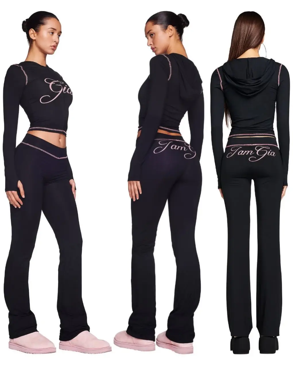 Conjunto  negro de dos piezas, con detalles en rosa. Incluye un top manga larga con el logo "Gia" y un pantalón de corte campana. Ideal para un look deportivo y moderno.
