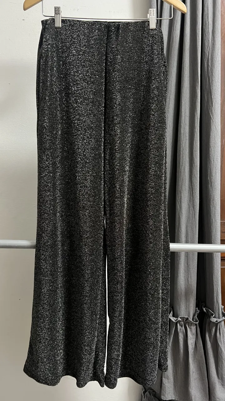 Pantalón ancho con brillos plateados, ideal para un look de fiesta o salida nocturna. Su corte amplio y tela con destellos lo hacen súper canchero y cómodo.