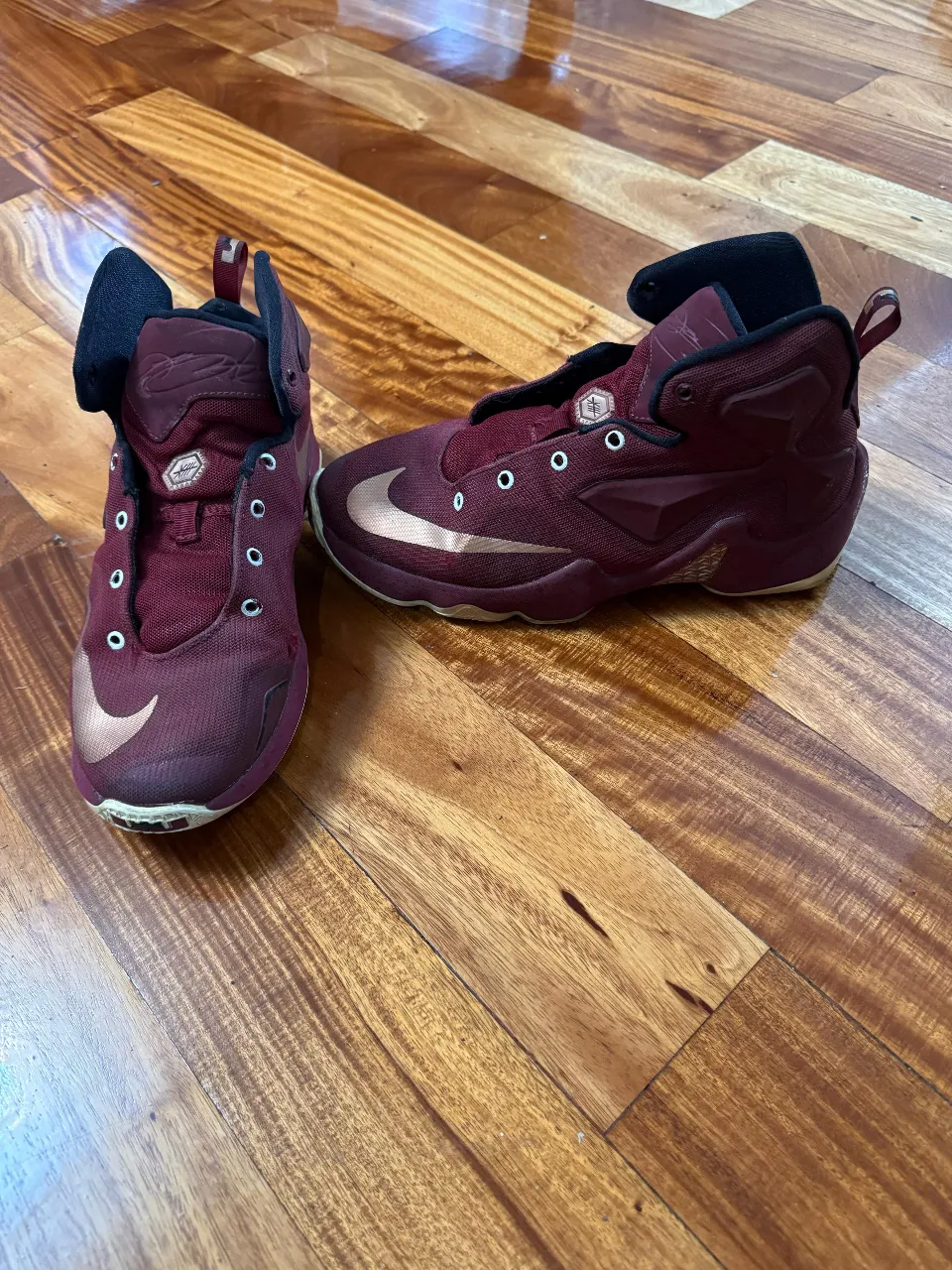 Zapatillas Nike LeBron Soldier XII en color bordó con detalles dorados. Ideales para jugar al basquet.