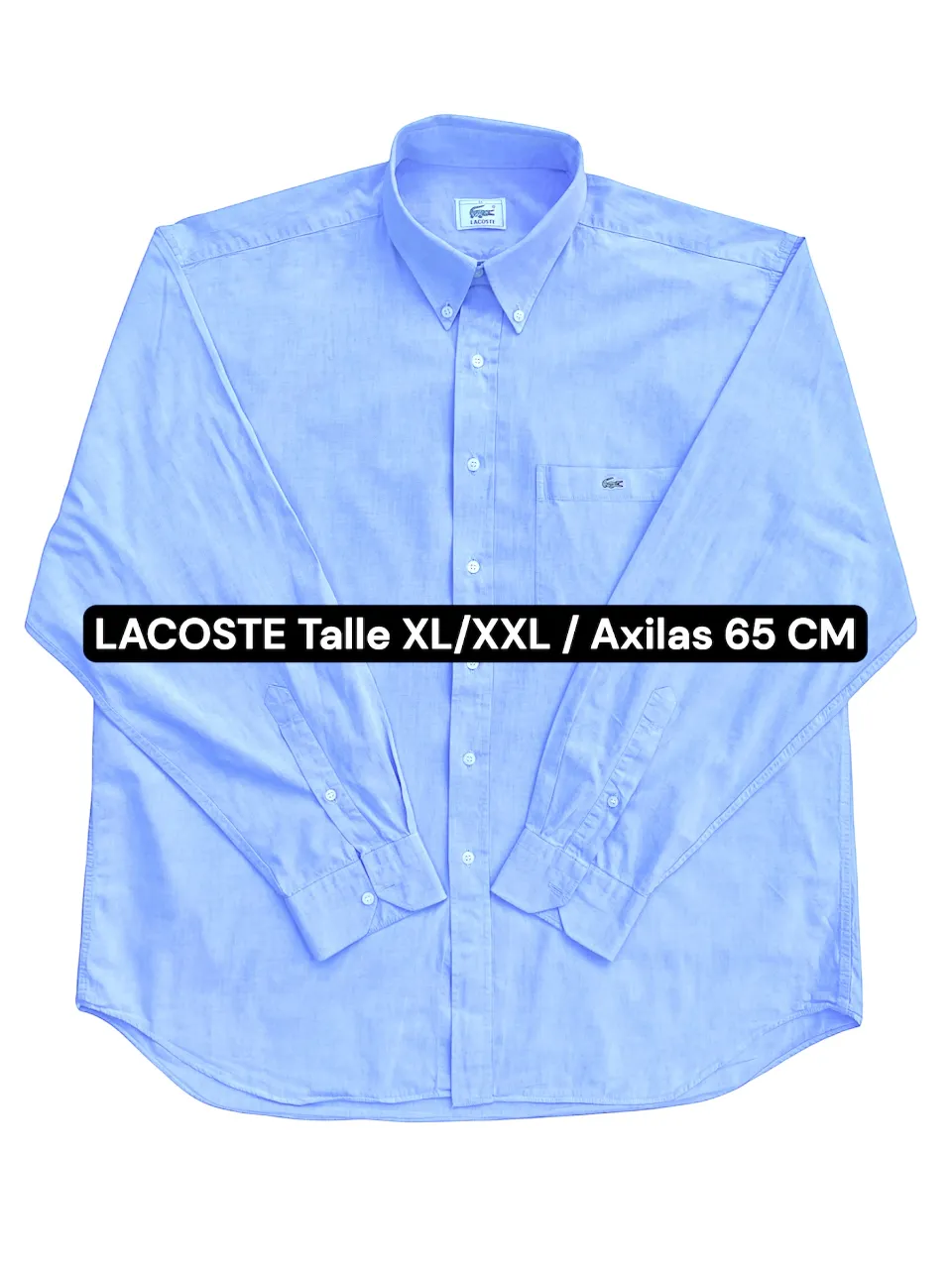 original 
Camisa Lacoste celeste de hombre, talle XL/XXL, con axilas de 65 cm. Ideal para un look casual y cómodo.