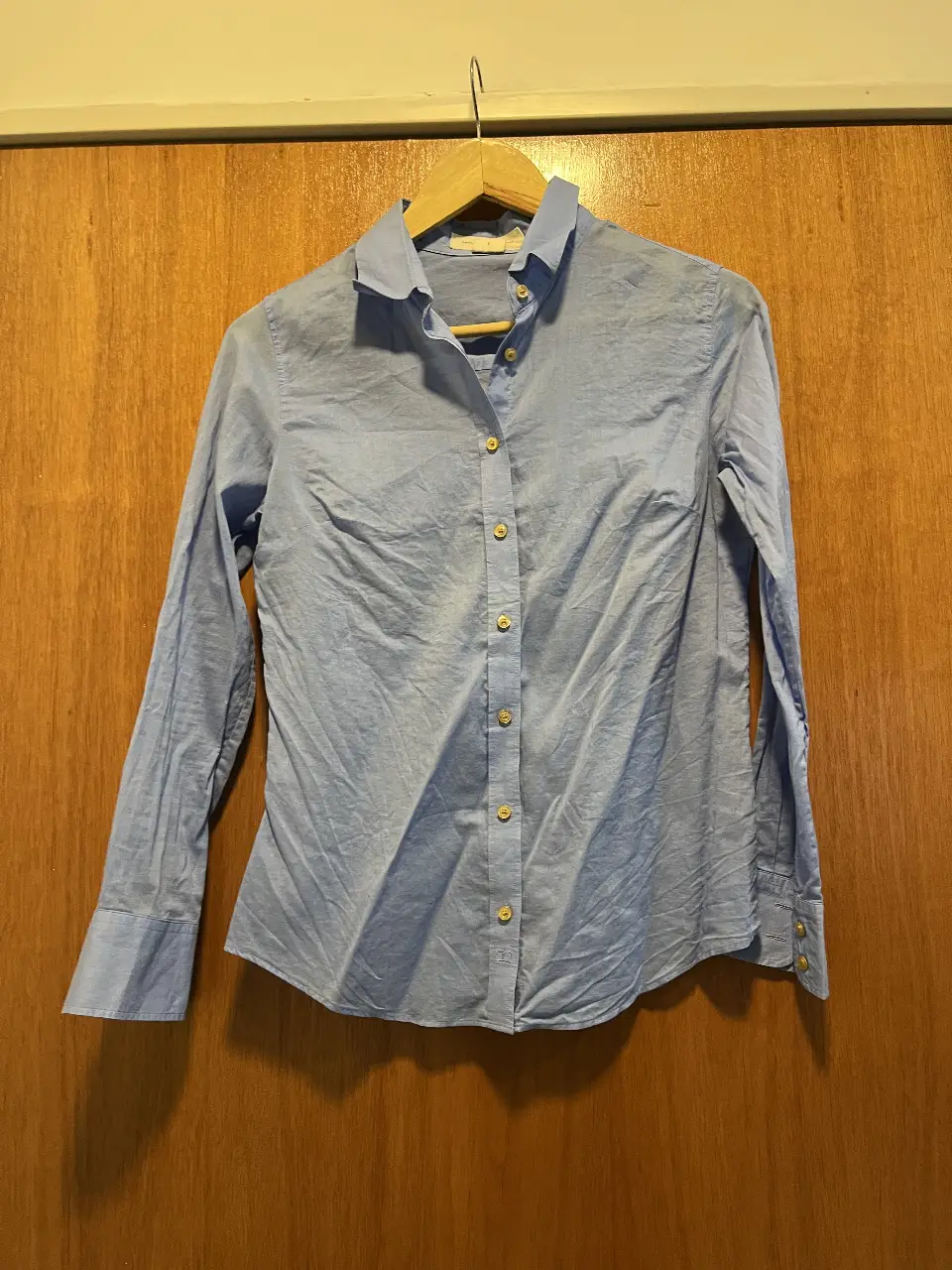 Camisa celeste de mujer, manga larga, con botones dorados. Ideal para un look casual o de trabajo.