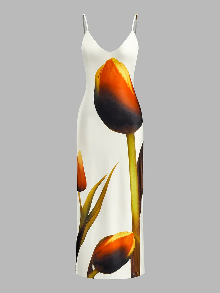 Vestido midi de mujer con estampado de flores de tulipanes. Confeccionado en tela suave y ligera, ideal para el verano. Silueta ajustada al cuerpo, elastina. Diseño con tirantes finos y escote en V. Perfecto para un look fresco y femenino.