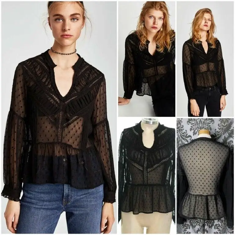 Blusa negra de encaje con mangas largas abullonadas y detalles de volantes. Ideal para un look elegante y sofisticado.