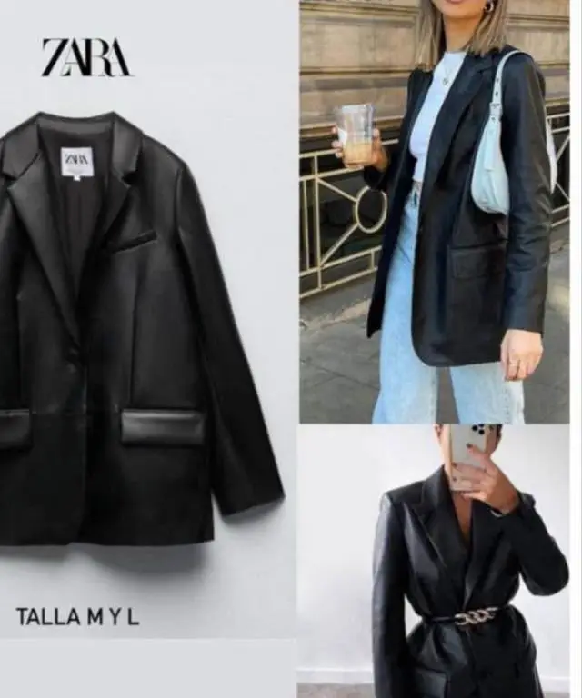 Blazer de cuero sintético negro de Zara, ideal para un look elegante y moderno. Talle M o L, perfecto para combinar con diferentes outfits.