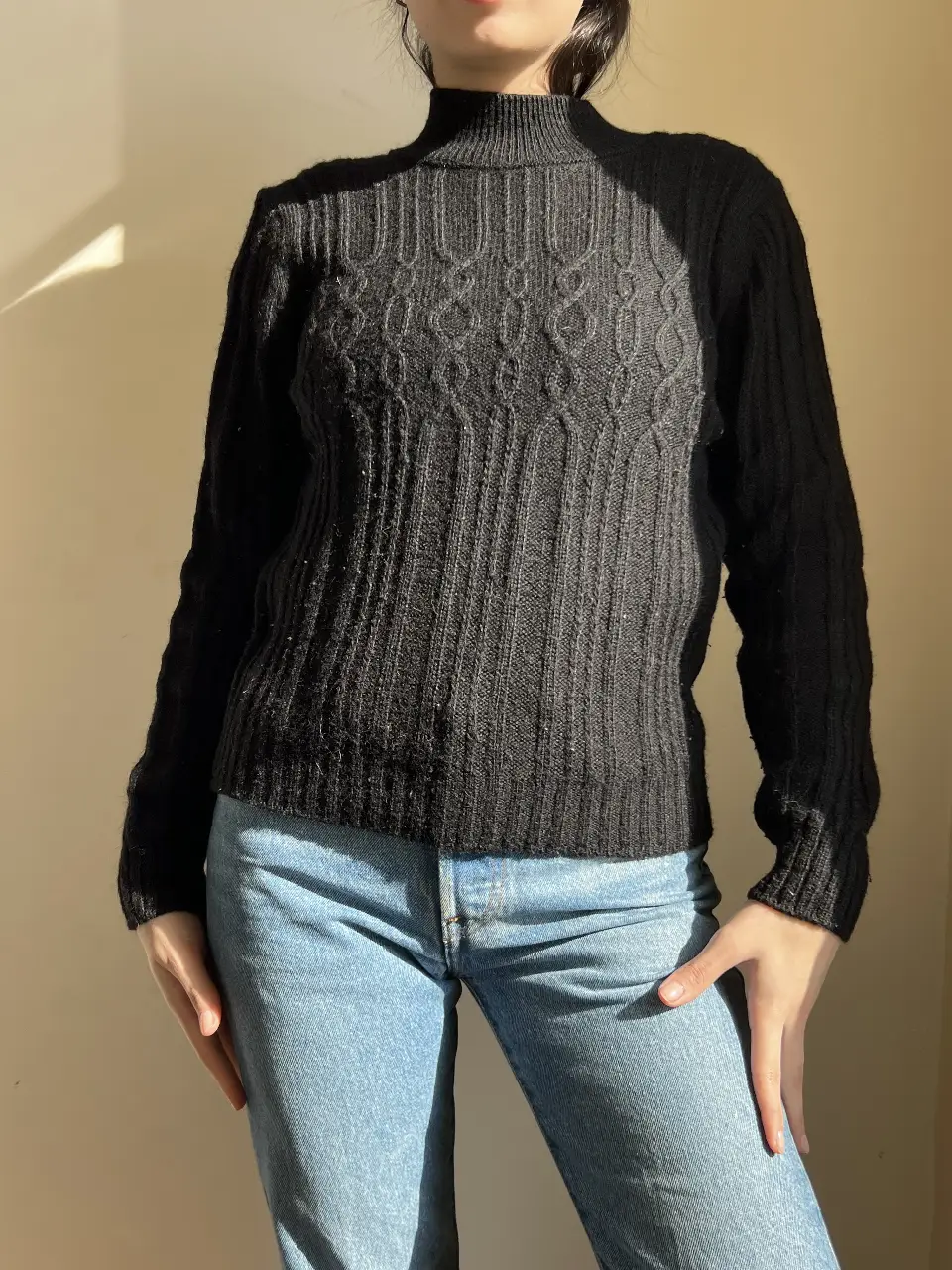 Sweater negro de cuello alto, tejido con diseño en el torso y mangas largas. Ideal para un look casual y abrigado.