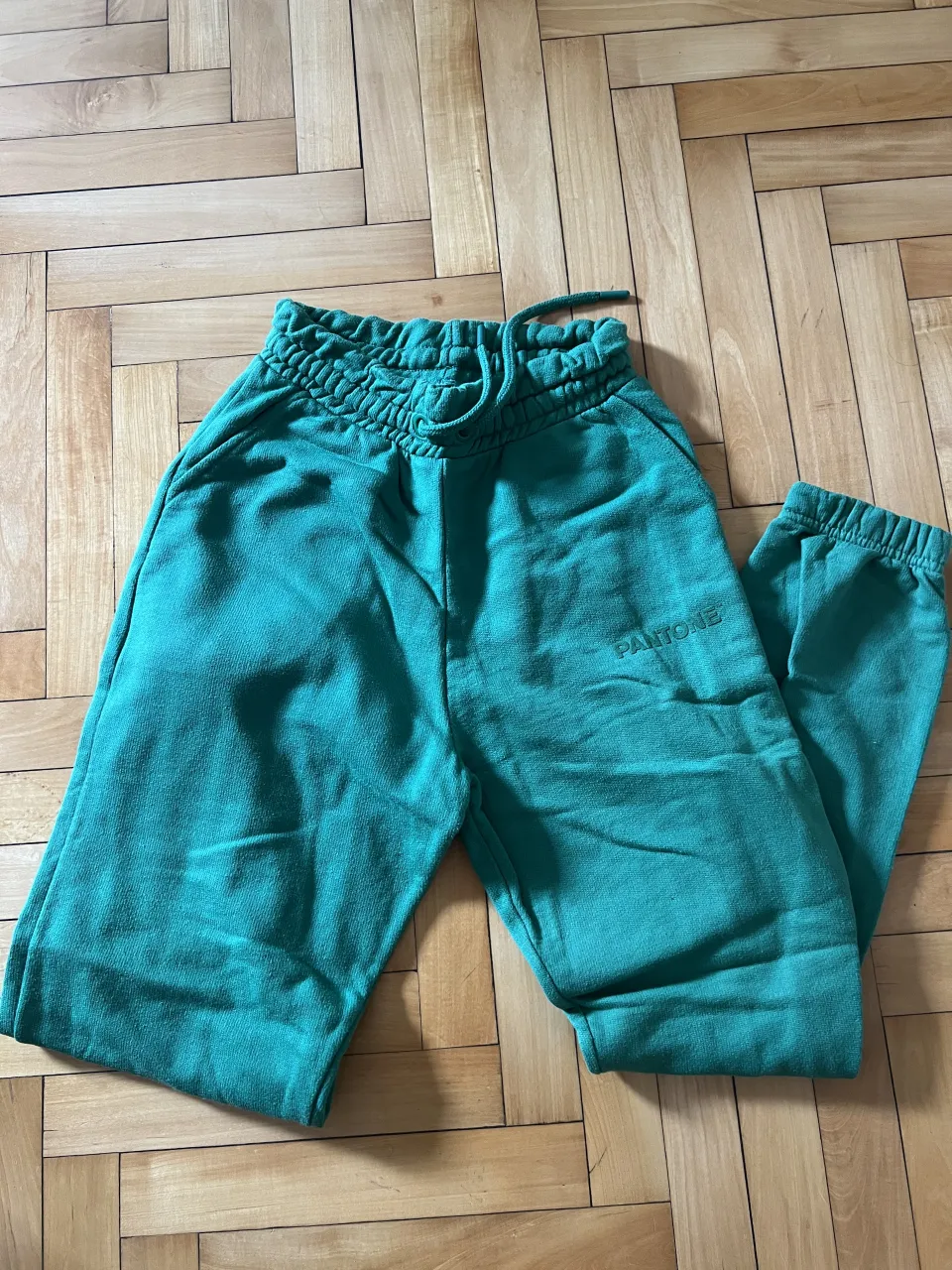 Pantalón de jogging verde con cordón en la cintura y logo de Pantone bordado en la pierna izquierda.