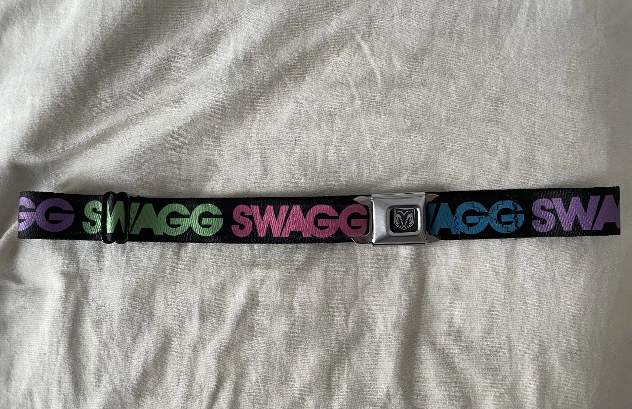 Cinturón con hebilla de metal y estampado "SWAGG" en varios colores. Ideal para darle un toque urbano y canchero a tu look.