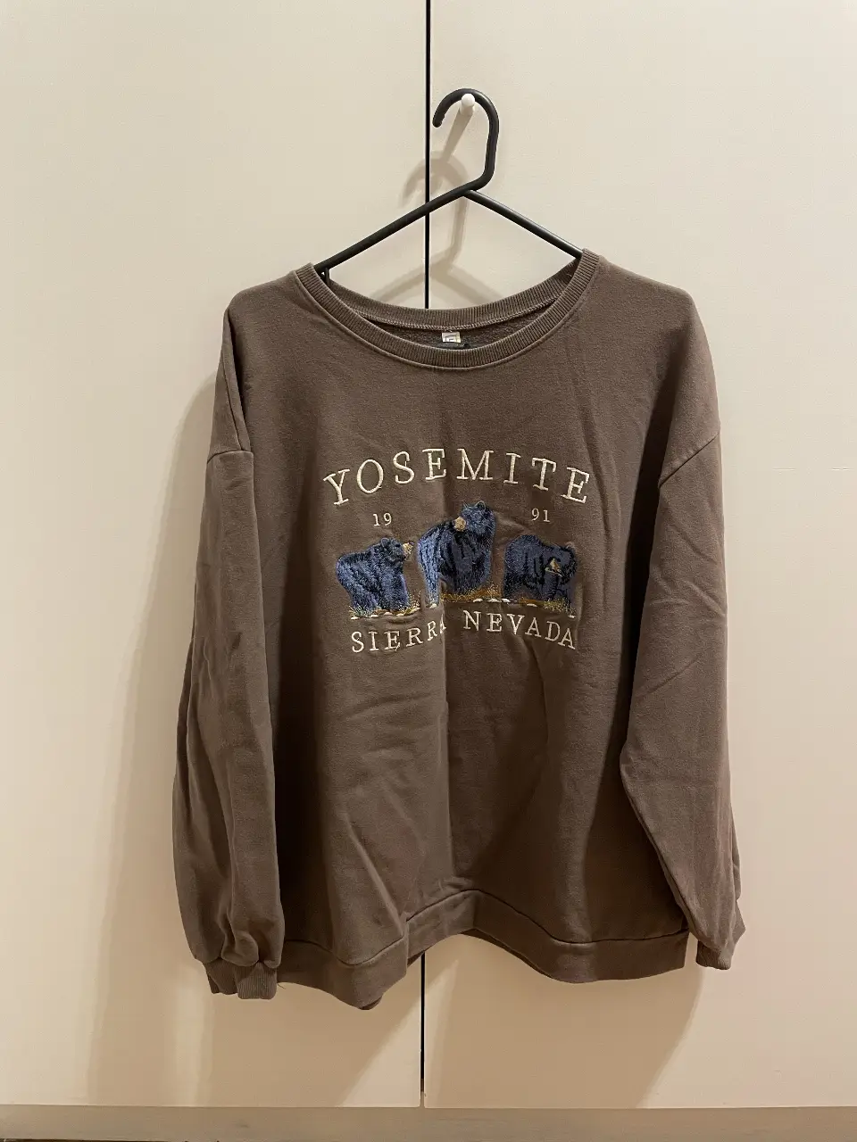 Buzo Brandy Melville de cuello redondo color marrón con estampado "YOSEMITE SIERRA NEVADA" y diseño bordado. Ideal para un look casual y cómodo.