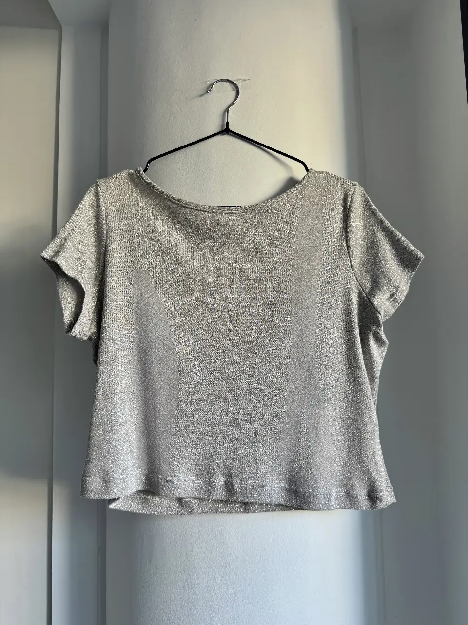 Blusa plateada (tella con brillos) con abertura en la espalda y aplique dorado. Es hermosa e ideal para un look elegante y moderno, tanto de día como de noche. Lo más importante: NO PICA🫶🏻🫶🏻 Medidas: axila-axila 54cm, cintura 54cm, largo 47cm. Va para talle M y L. 