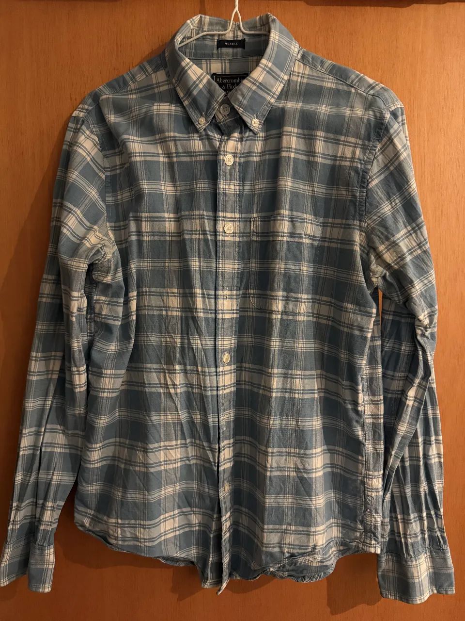 Camisa a cuadros Abercrombie & Fitch, manga larga, celeste y blanca, talle S, estilo casual, ideal para un look relajado.