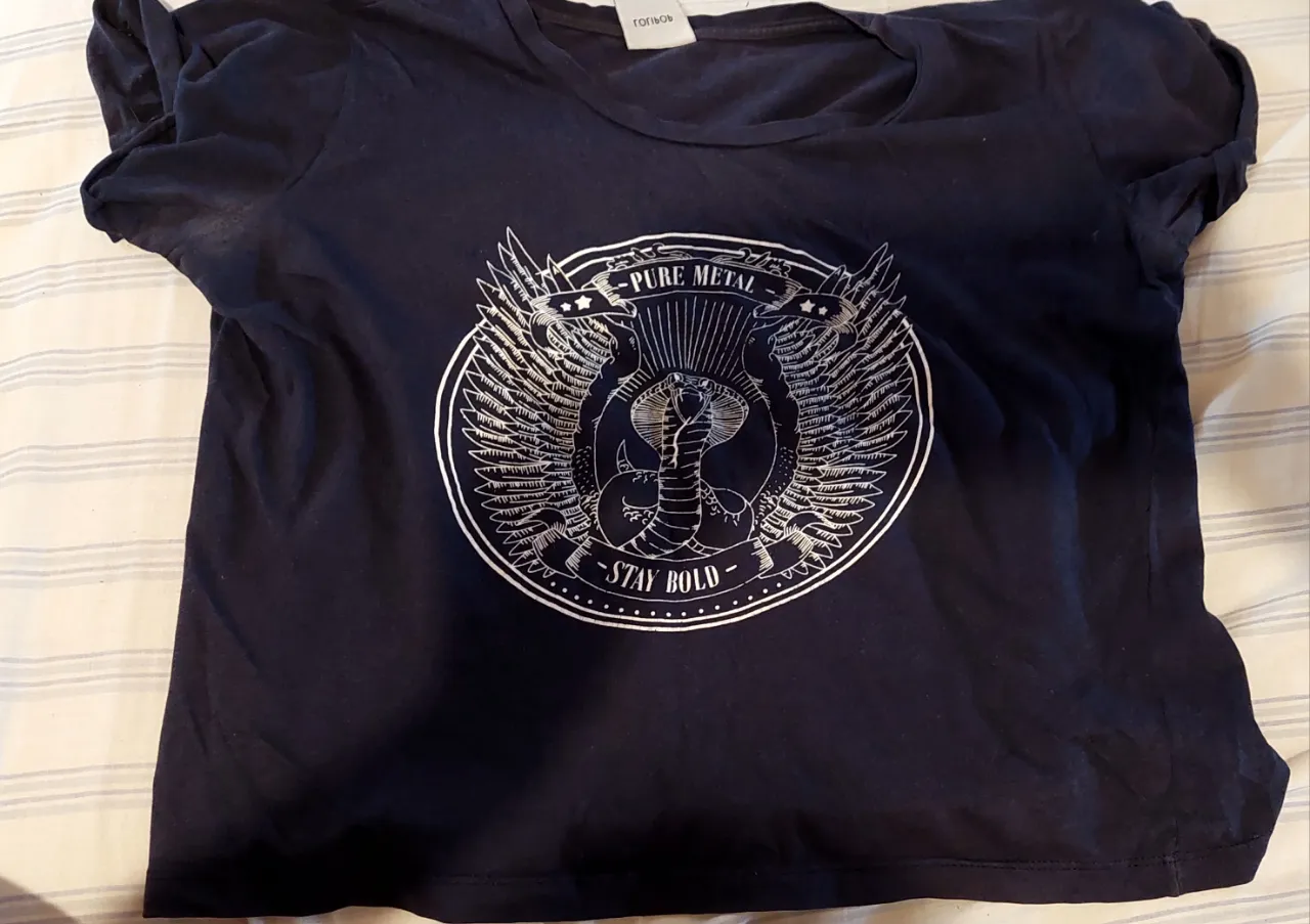 Remera negra con estampa de serpiente y alas, estilo rockero. Ideal para un look canchero y audaz. Tiene manchas de desodorante poco notorias en las axilas.