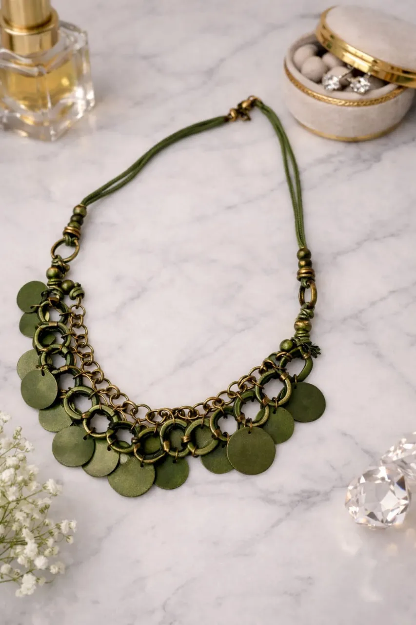 Collar artesanal con detalles en verde y bronce. Un accesorio único para darle un toque especial a tu look.