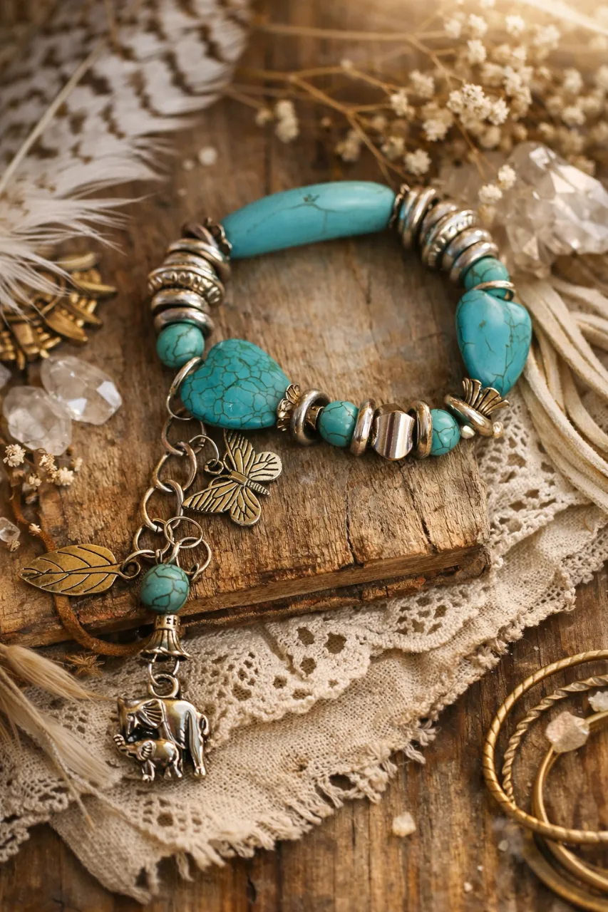Pulsera boho chic con piedras turquesas y dijes de elefante y mariposa. Un accesorio único para darle un toque especial a tu look.