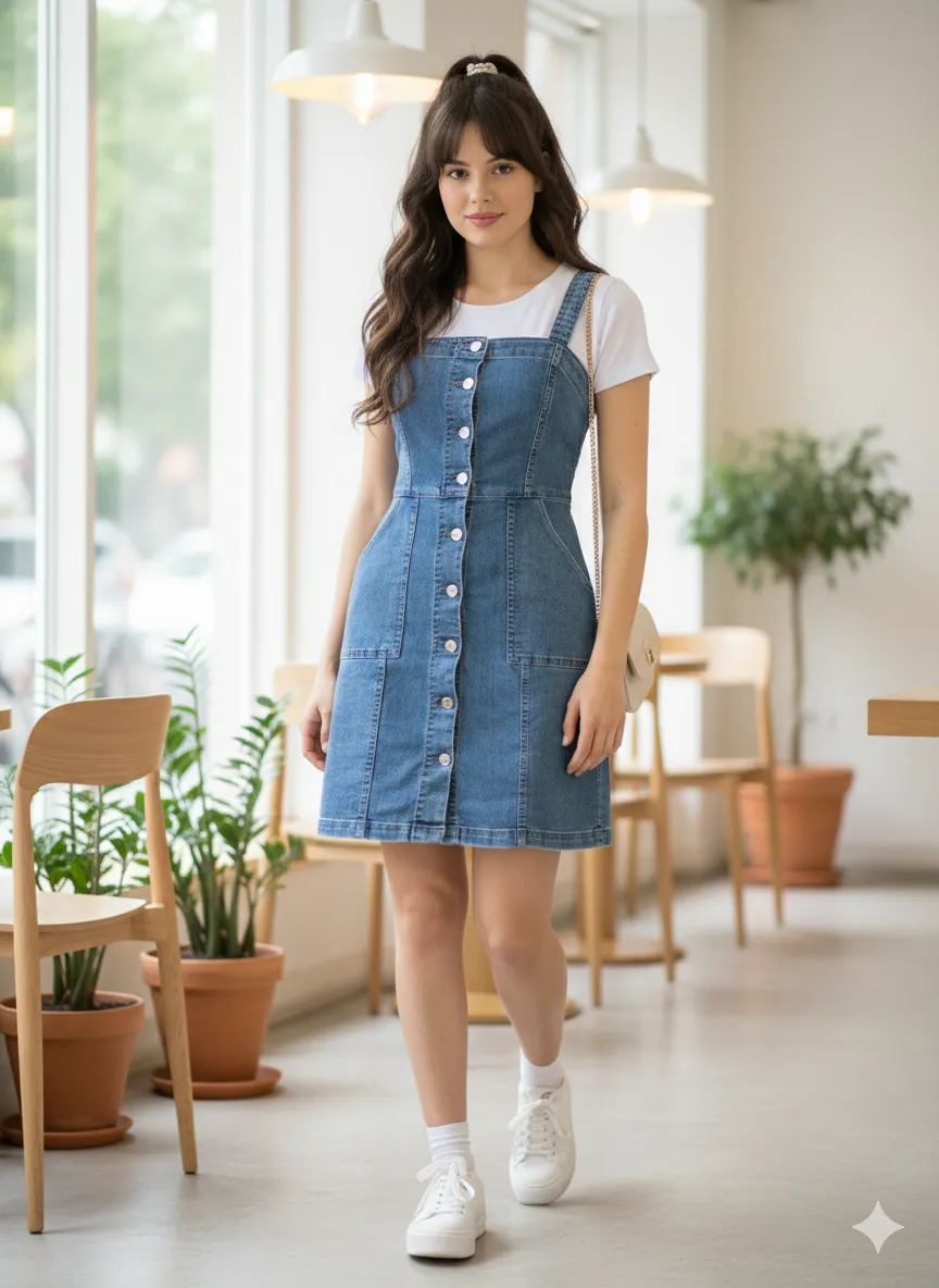 Vestido de jean súper canchero, ideal para el día a día. Tiene botones al frente y bolsillos prácticos. Combinalo con tus remeras favoritas y zapatillas para un look relajado y a la moda.