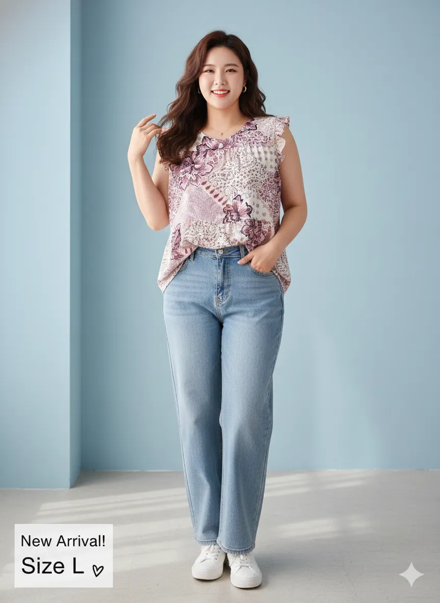 Remera estampada con flores y detalles en tonos lilas y blancos. Diseño con volados en las mangas y corte escalonado. Ideal para un look fresco y femenino.