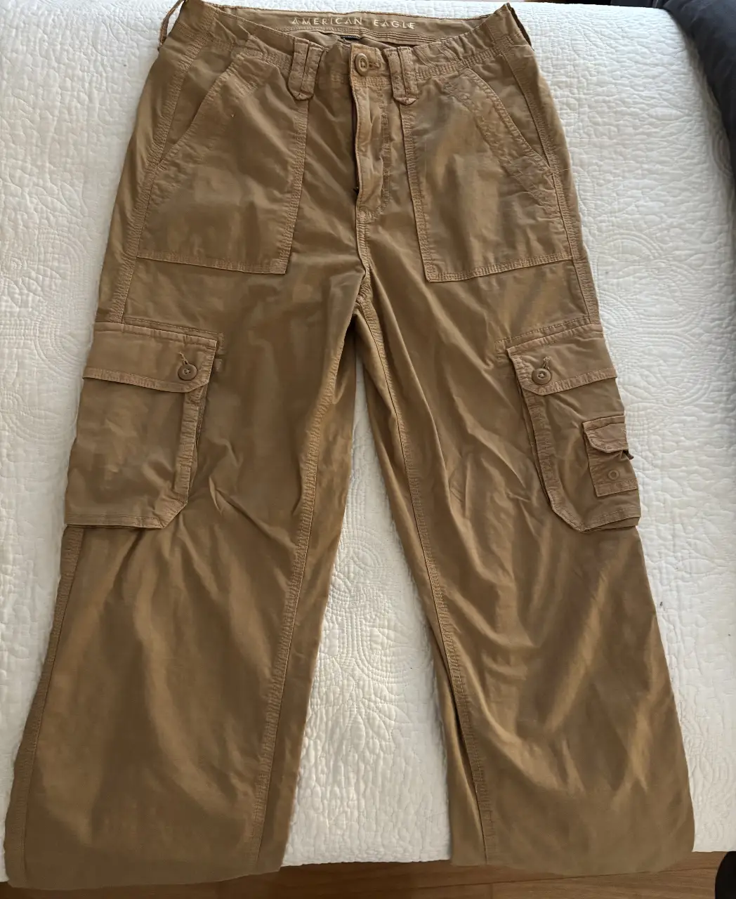 Pantalón cargo American Eagle de hombre, color khaki. Con múltiples bolsillos y corte recto. Ideal para un look casual y funcional.