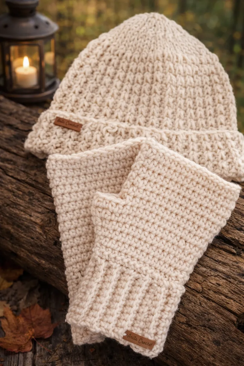 Conjunto tejido a mano de gorro y guantes sin dedos en color crudo. Ideal para mantenerte abrigada con estilo en los días fríos.