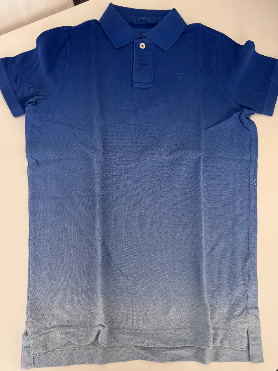 Remera polo de hombre Abercrombie & Fitch, con diseño degradado en tonos azules. Cuello clásico y logo bordado. Talle L.