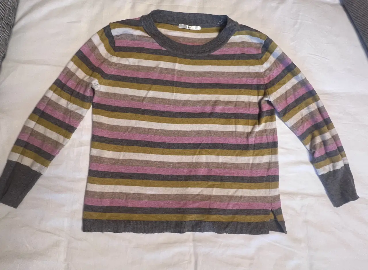 Sweater finito a rayas horizontales en tonos grises, rosa, amarillo y blanco. Ideal para un look casual y cómodo.