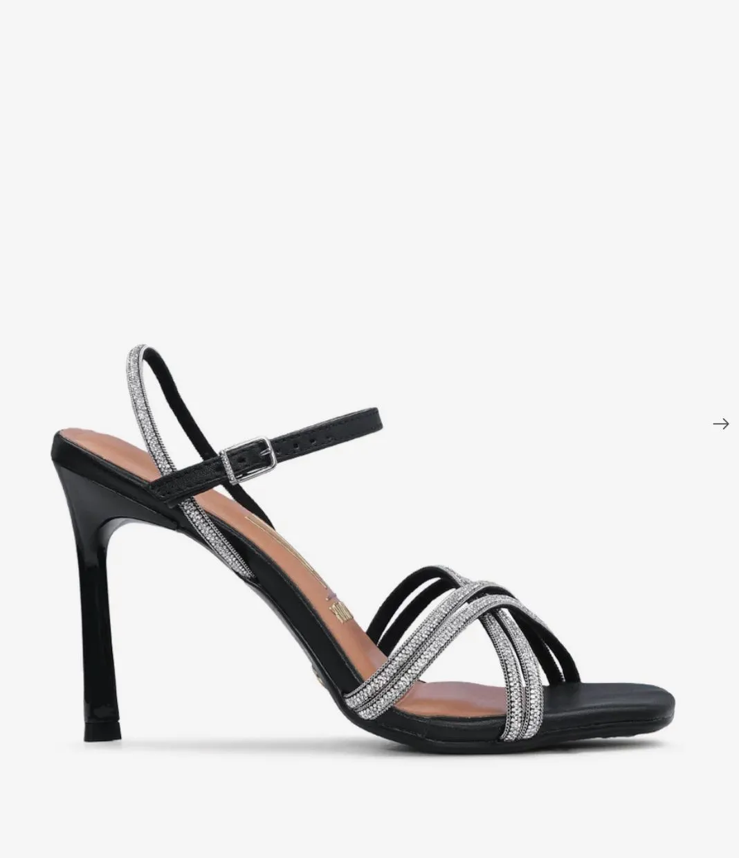 Sandalias de mujer negras con detalles plateados brillantes. Diseño elegante con tiras cruzadas y taco alto. Ideales para fiestas y eventos especiales.