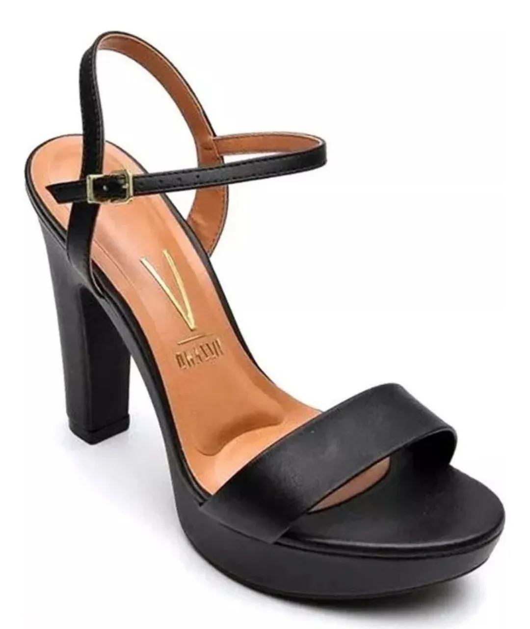Sandalias de taco alto negras con plataforma y pulsera en el tobillo. Ideales para fiestas y eventos.