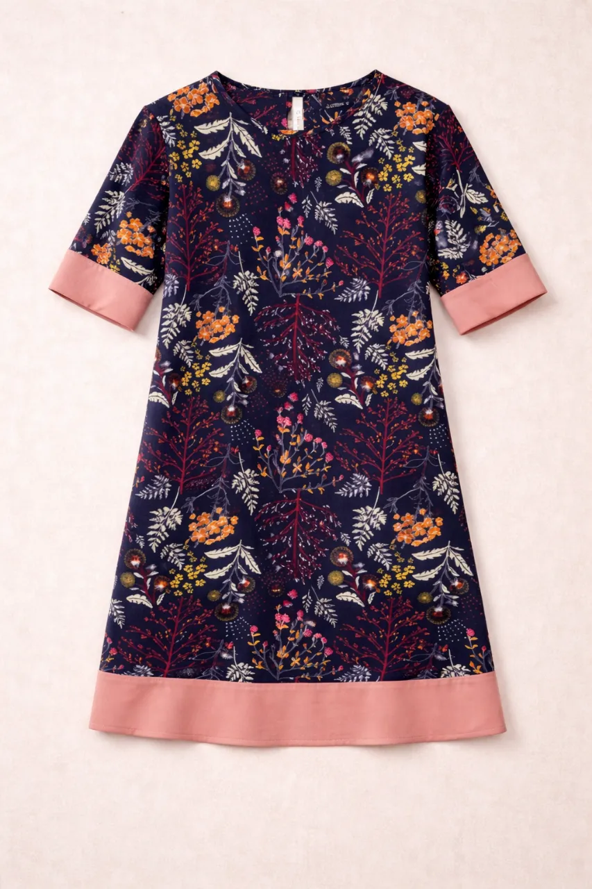 Vestido corto azul marino con estampa floral de flores y hojas en tonos salmon , verde oliva, blanco y bordó. Tiene mangas cortas y un borde inferior y en las mangas de color rosa pálido. Atrás cierra con botón media perla. Está igual a nuevo. Es hermoso.