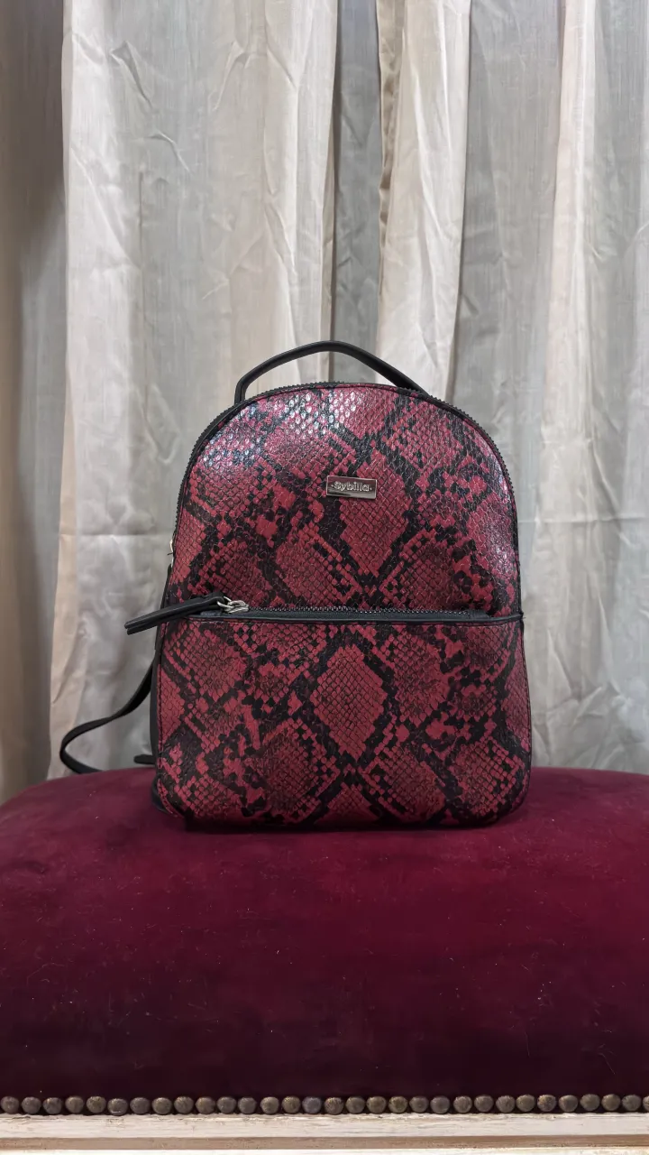 Mochila urbana con estampa de serpiente en tonos rojos y negros. Ideal para el día a día, con compartimento principal y bolsillo frontal con cierre. Correas regulables para mayor comodidad.