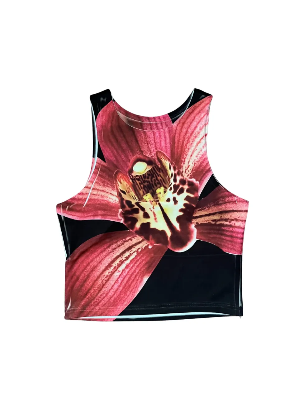 Top corto con estampa de flor de orquídea en tonos rojos y amarillos sobre fondo negro. nuevo. lycra sublimada. talle xs/s. medidas sisa 35 a 40 cm. largo 39 cm.