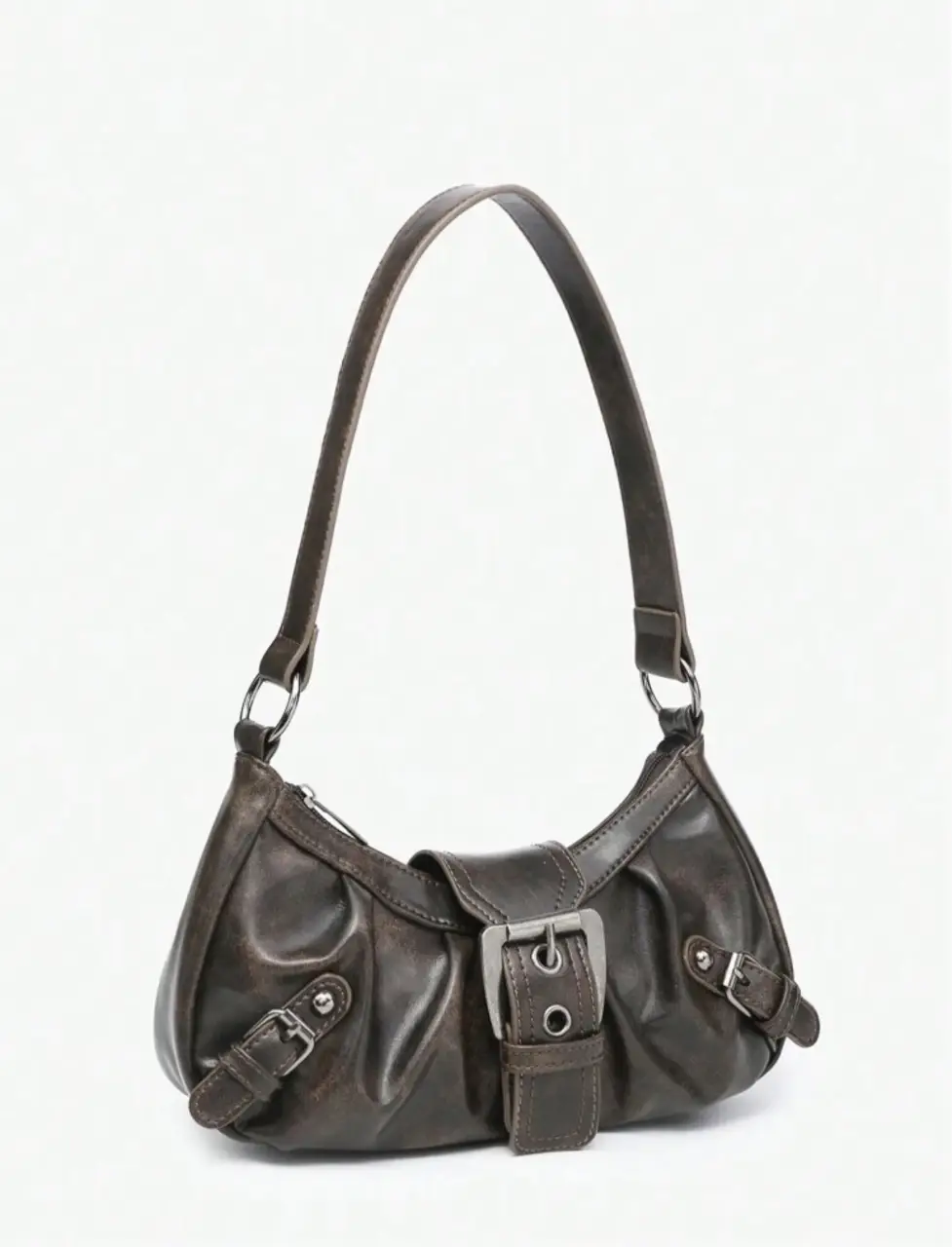 Cartera de hombro estilo baguette en cuero marrón con hebilla y detalles metálicos. Ideal para un look vintage y elegante.