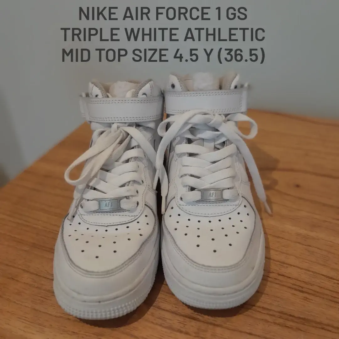 Zapatillas Nike Air Force 1 GS Triple White Athletic Mid Top  Talle 4.5 Y (36.5). Botitas de cuero blancas, para uso diario y deportivo.
