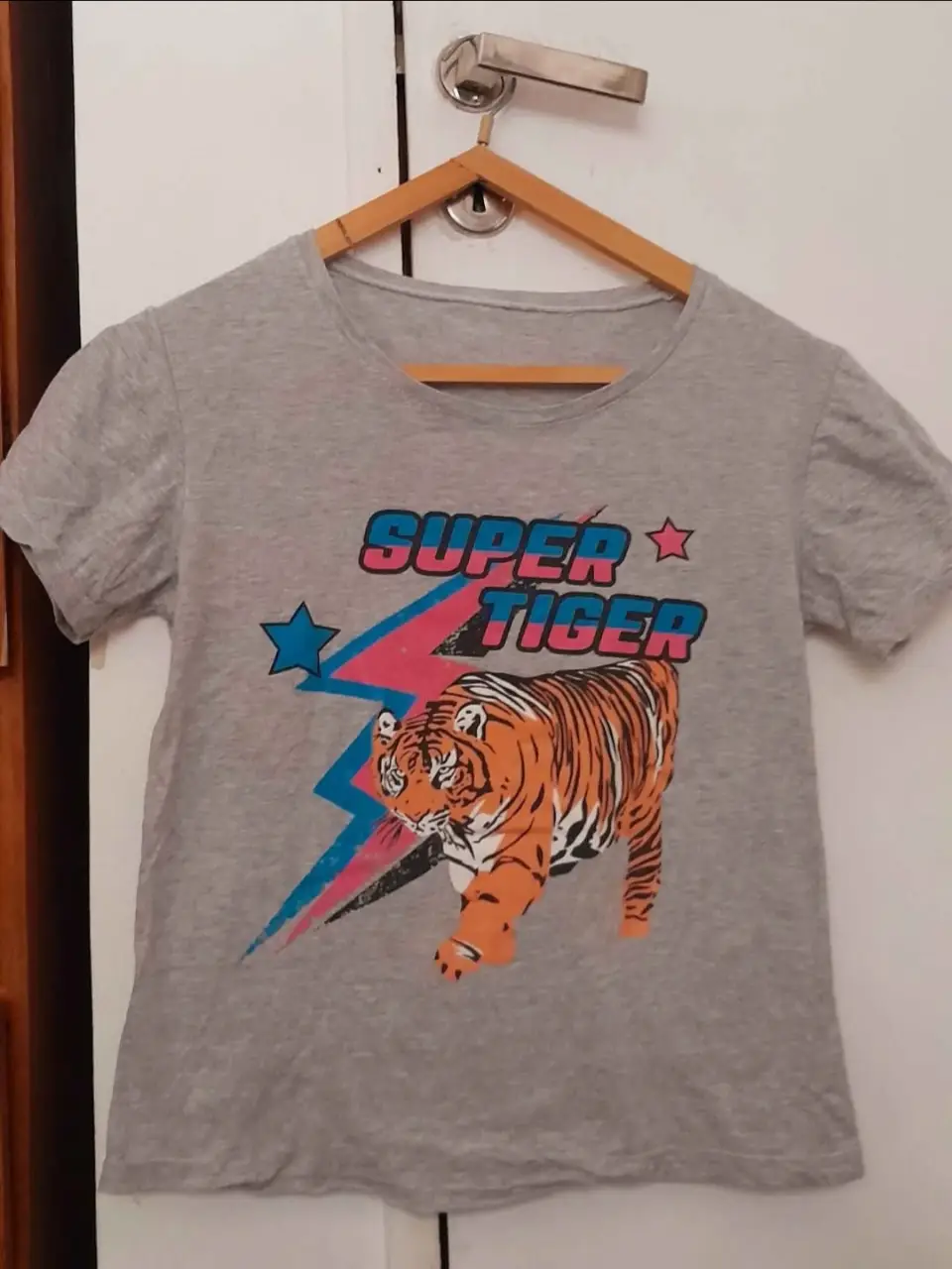 Remera gris de manga corta con estampado de tigre y la frase "SUPER TIGER" en colores vibrantes. Ideal para un look casual y con onda.