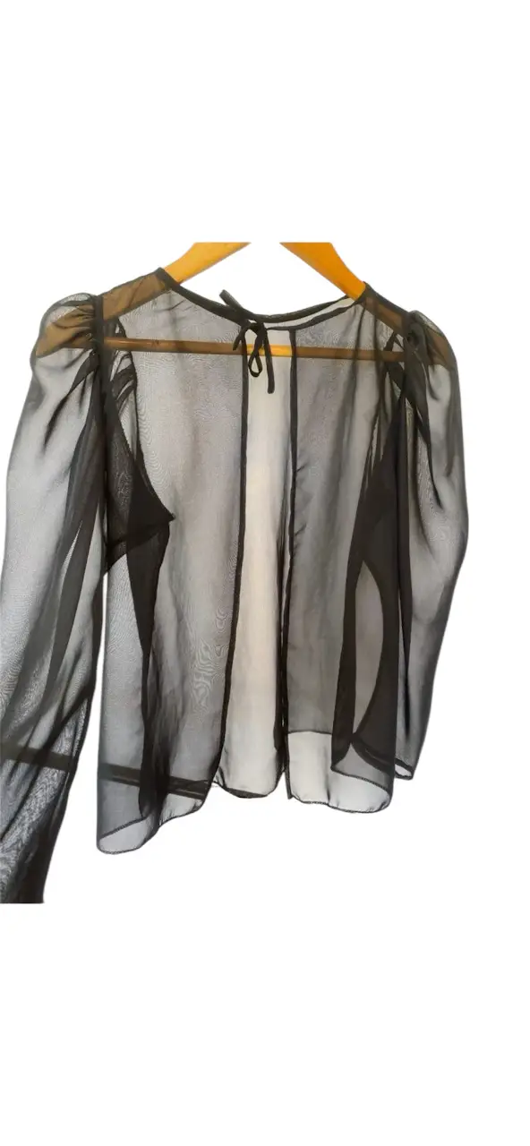 Blusa de mujer transparente con mangas largas abullonadas. Ideal para un look elegante y sofisticado. medida hasta que empieza la costura de la manga 31 largo de mangas aprox 58 largo 61