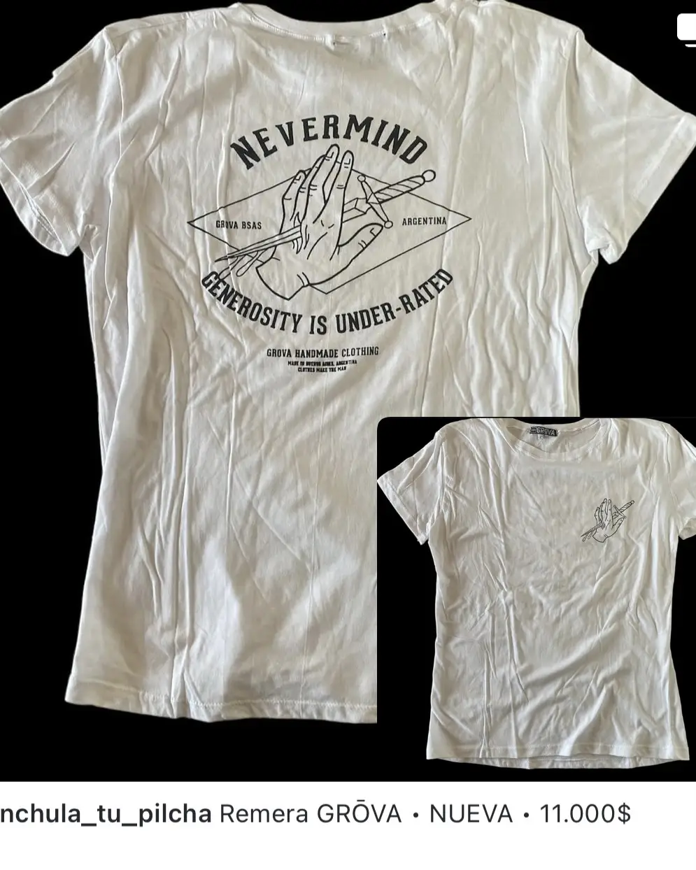Remera GRŌVA blanca con estampado "Nevermind". Nueva, ideal para un look casual y canchero.