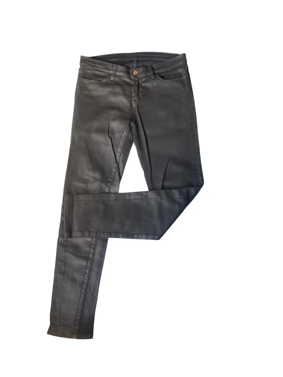 Pantalón de jean recto para mujer, con efecto encerado y shimmer. Tiro medio, ideal para un look casual y moderno. Perfecto para combinar con diferentes estilos. Cintura 41-45, tiro 24, largo 103