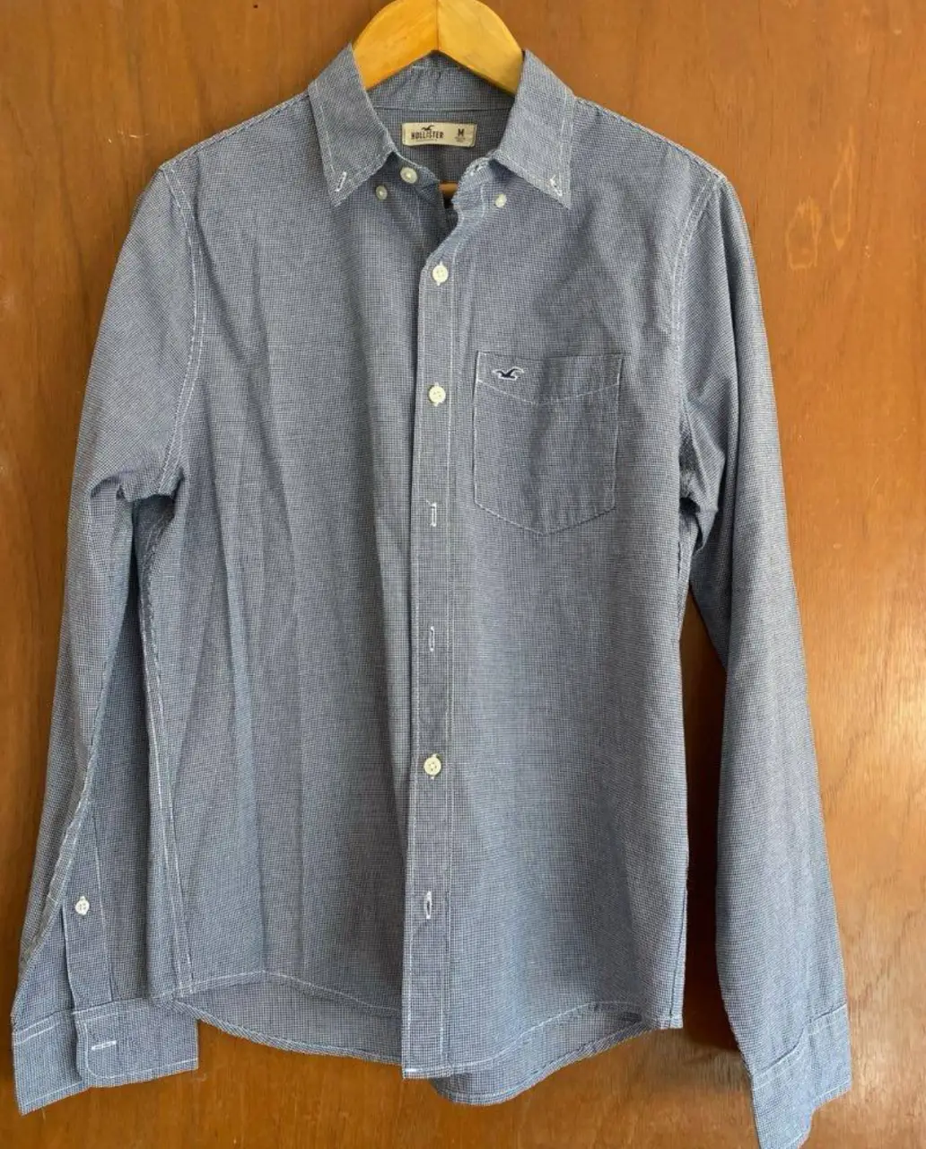 Camisa Hollister a cuadros en tonos azules y blancos, con bolsillo en el pecho y logo bordado. Ideal para un look casual y moderno.