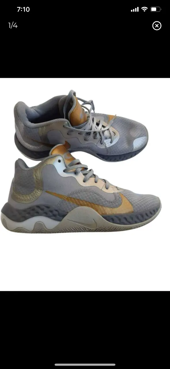 Zapatillas Nike Renew Rival, grises con detalles dorados. ideales basket o urbanas. Diseño moderno y cómodo. 27cm plantilla (Etiqueta dice 42,5 pero es más bien un 41)