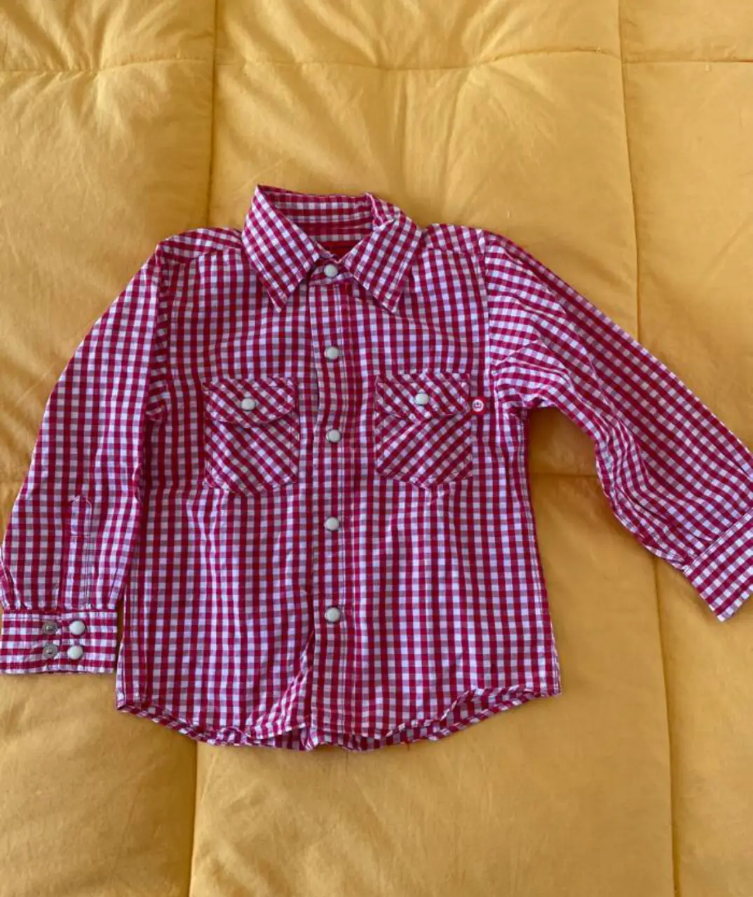 Camisa a cuadros roja y blanca para niño, con mangas largas y dos bolsillos delanteros. Ideal para un look casual y cómodo.