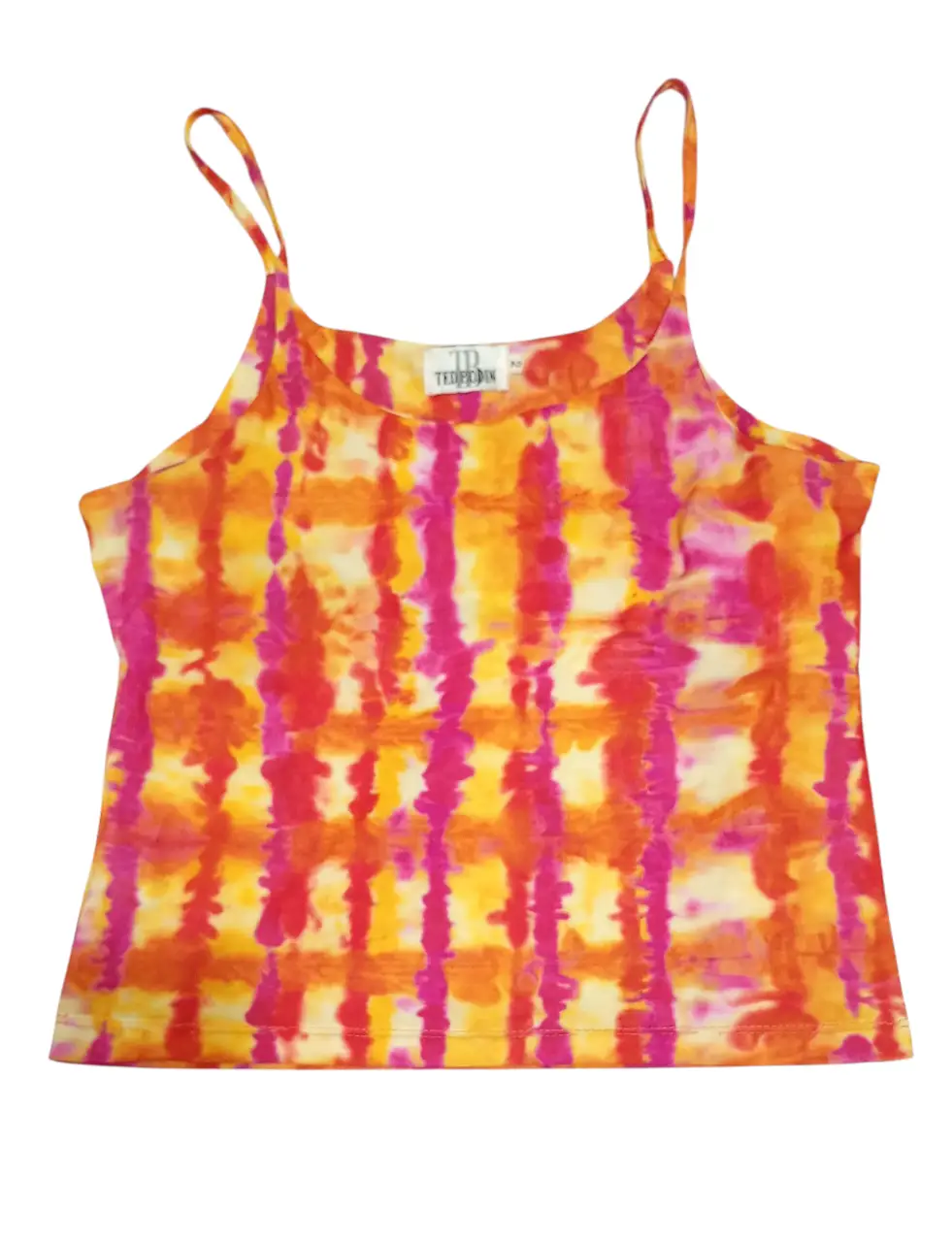 Top de mujer con estampado abstracto en tonos naranja, rosa y amarillo. Diseño con tirantes finos y escote redondo. Ideal para un look fresco y moderno. Talle 2 