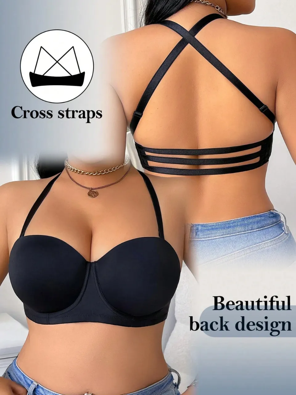 Corpiño negro con tiras cruzadas en la espalda y tiras transparentes opcionales. Posee broches para ajustar. Talle 85C (medidas de referencia del producto y del cuerpo en fotos). Nuevo con los precintos intactos.