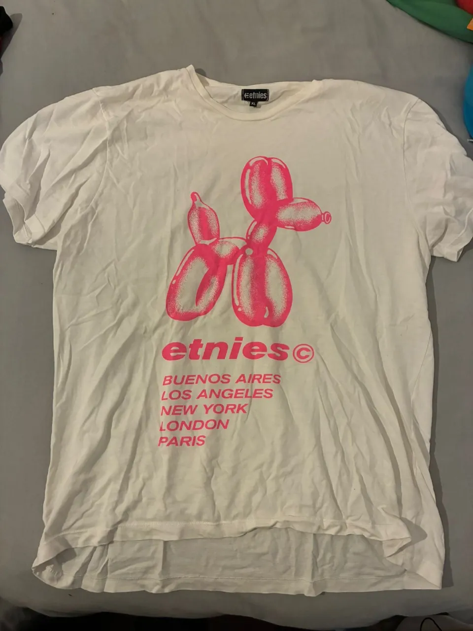 Remera blanca de algodón con estampado de un perro globo rosa y el logo de la marca Etnies. Diseño urbano y moderno, ideal para un look casual y con estilo.